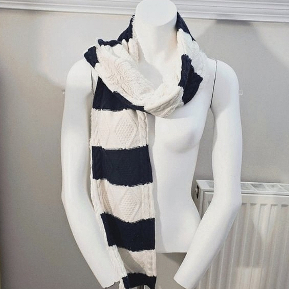 Blue + Ivory White Striped Fleece Cozy Scarf Unisex- New without tags